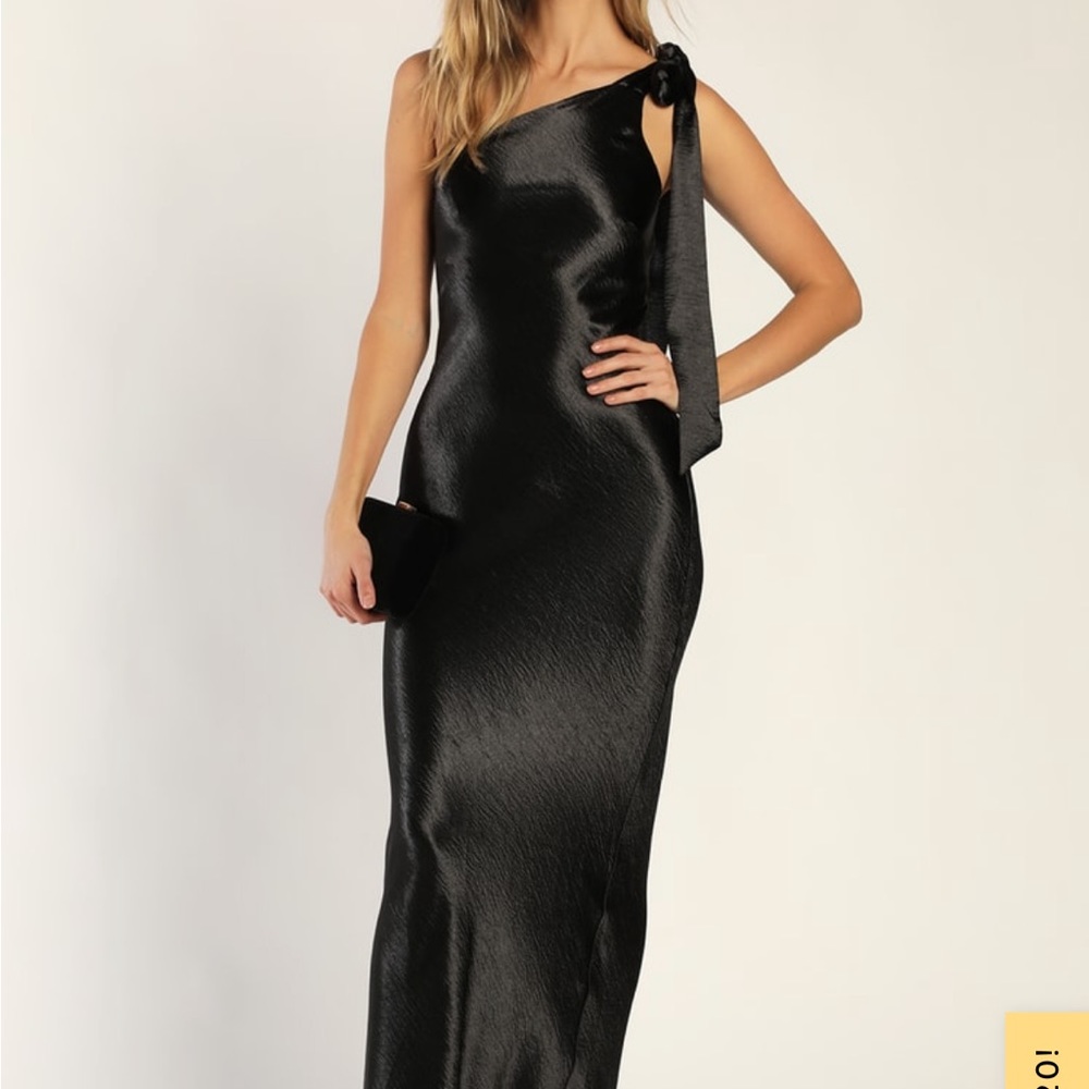 Lavish Looks Black Satin One-Shoulder Tie-Strap Maxi Dress